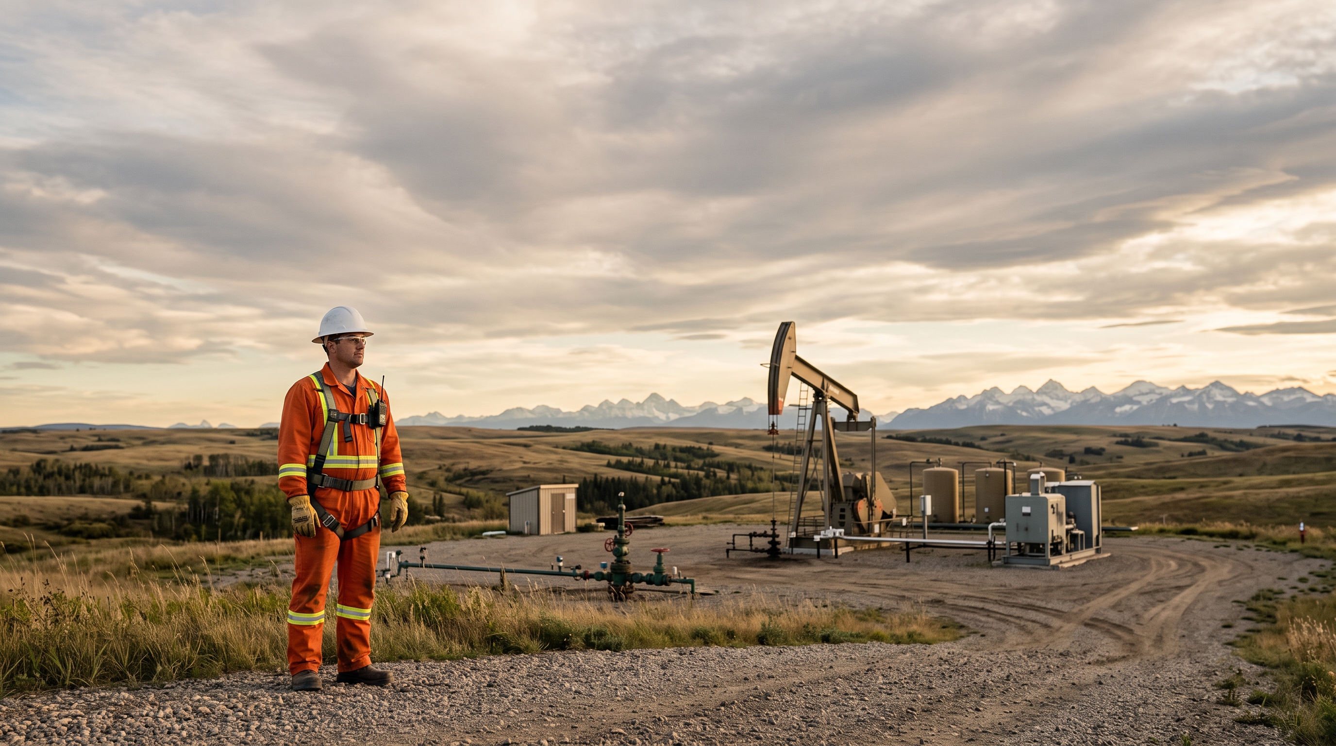 Lone worker in hi-vis gear at an Alberta oil and gas wellsite with the Rocky Mountain foothills behind at golden hour