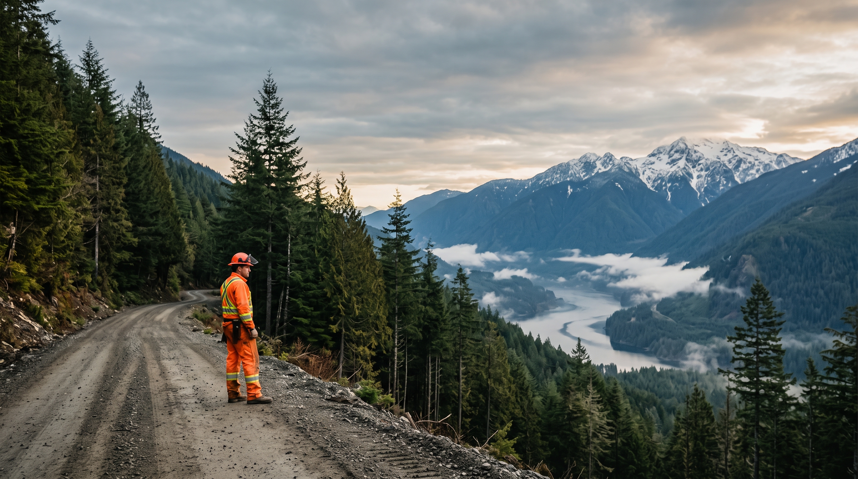 Lone worker in hi-vis gear on a remote forestry road in the British Columbia coastal mountains at golden hour