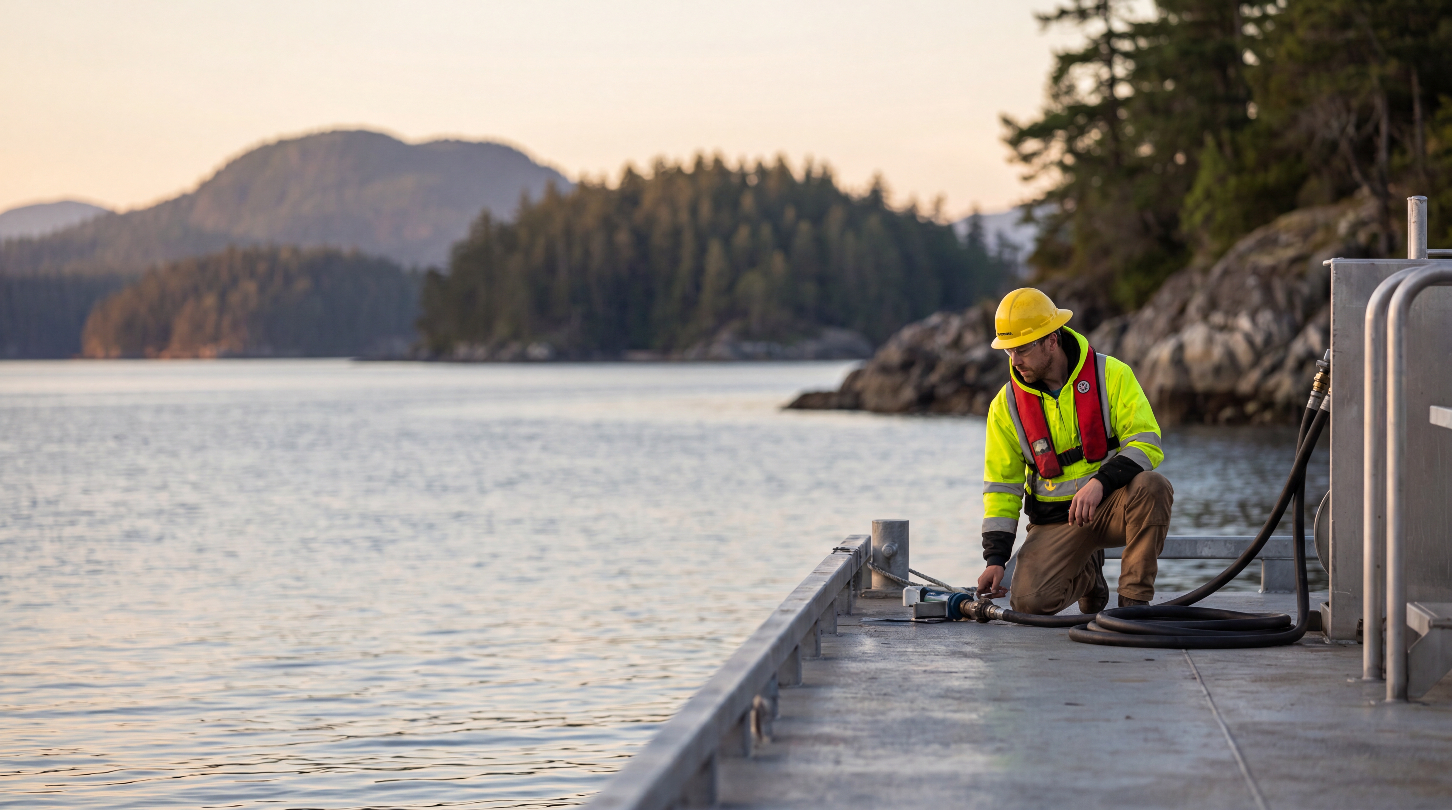 A marine field worker in a life vest working alone at a coastal fuel dock at golden hour
