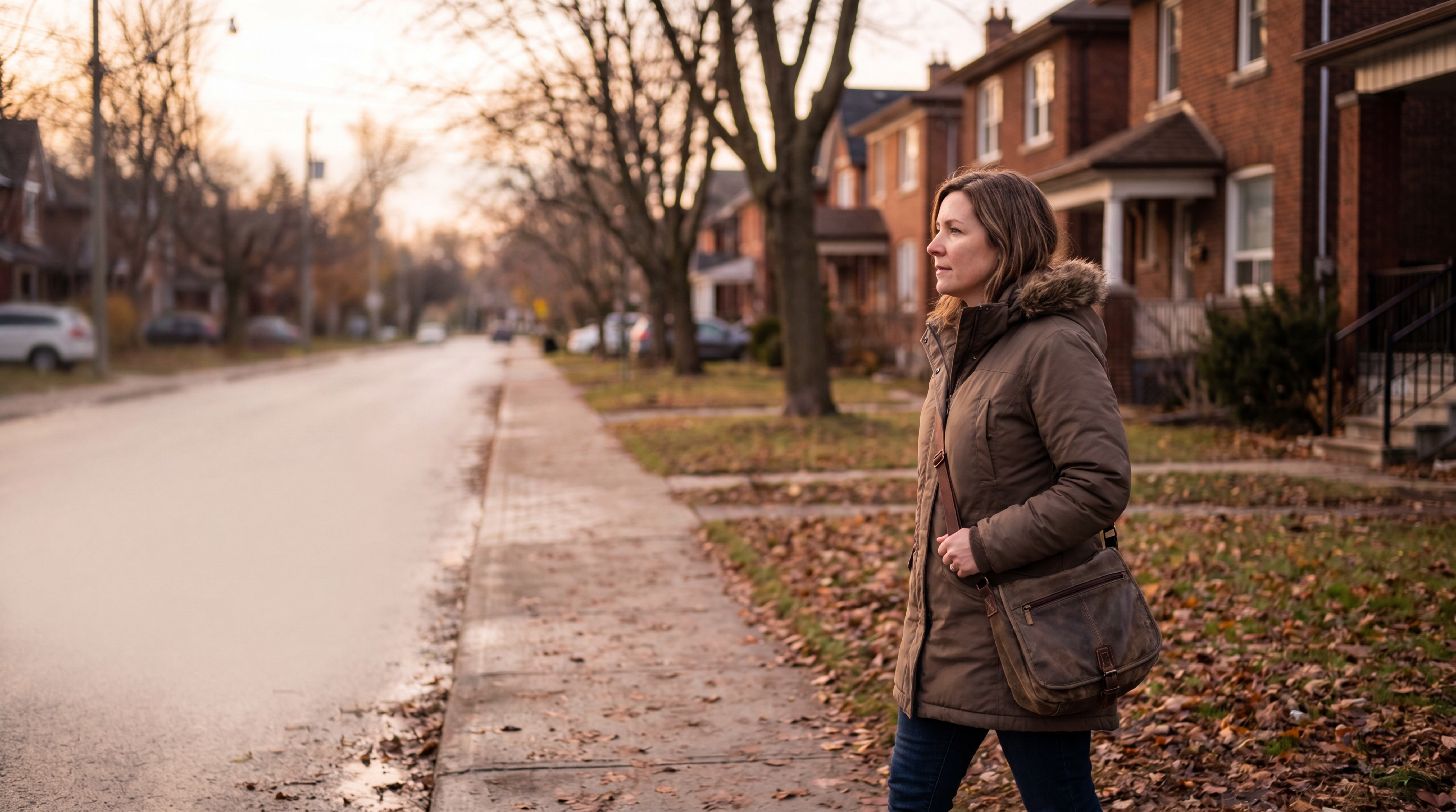 A community social-services worker walking alone through a neighbourhood in the early evening