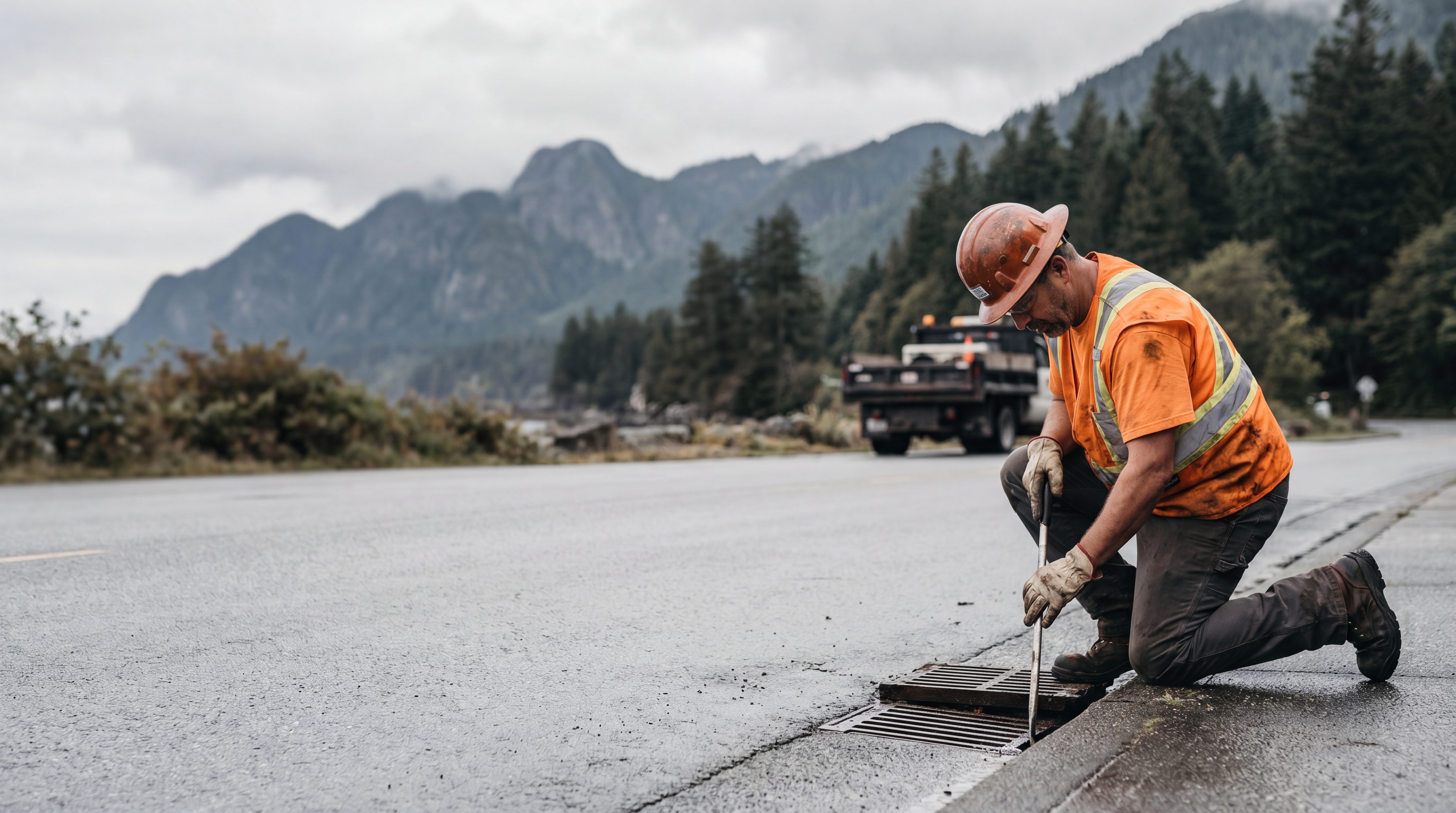 A municipal public-works field worker in hi-vis working alone with coastal mountains behind