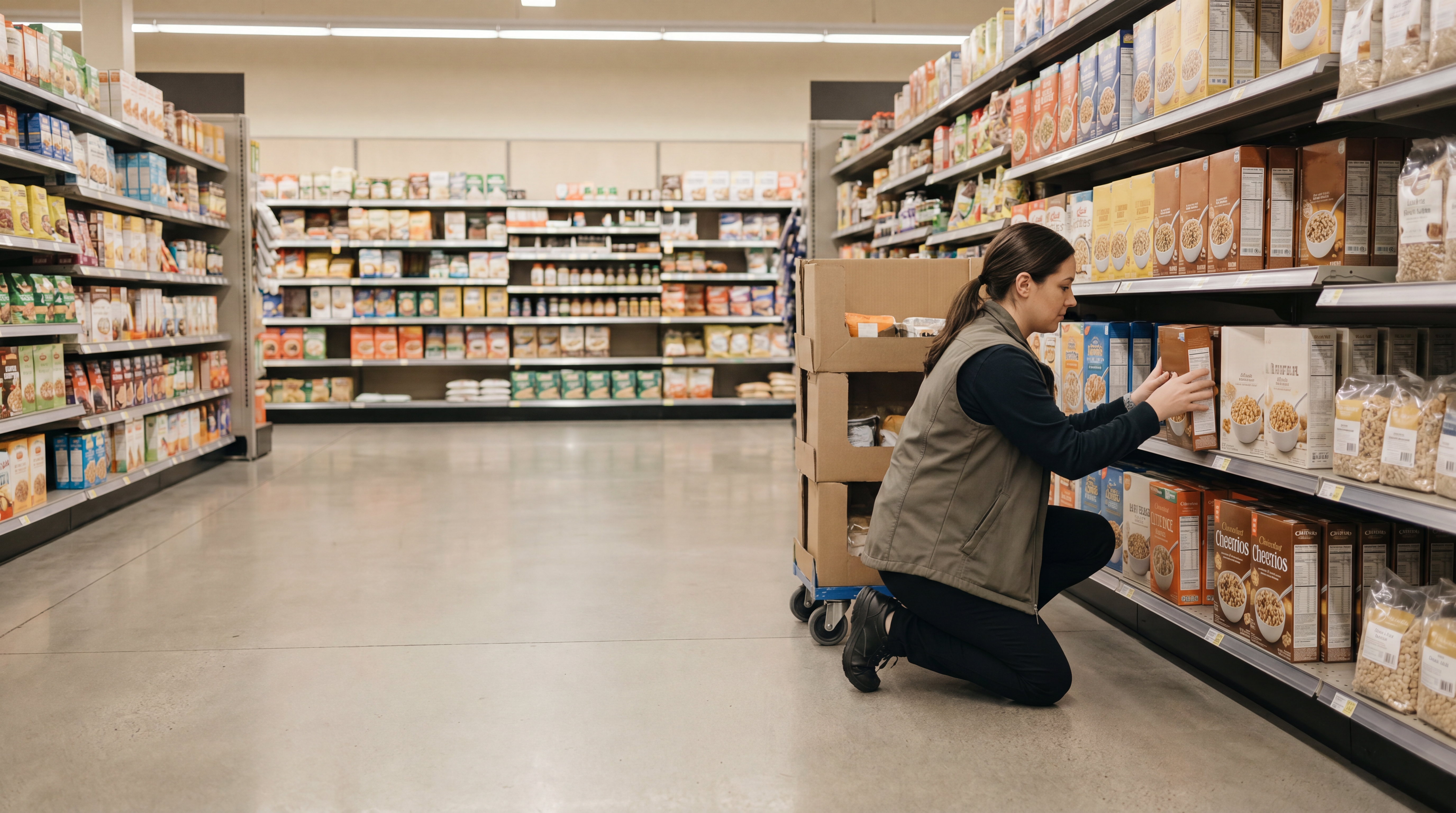 A grocery store employee restocking shelves alone in the evening