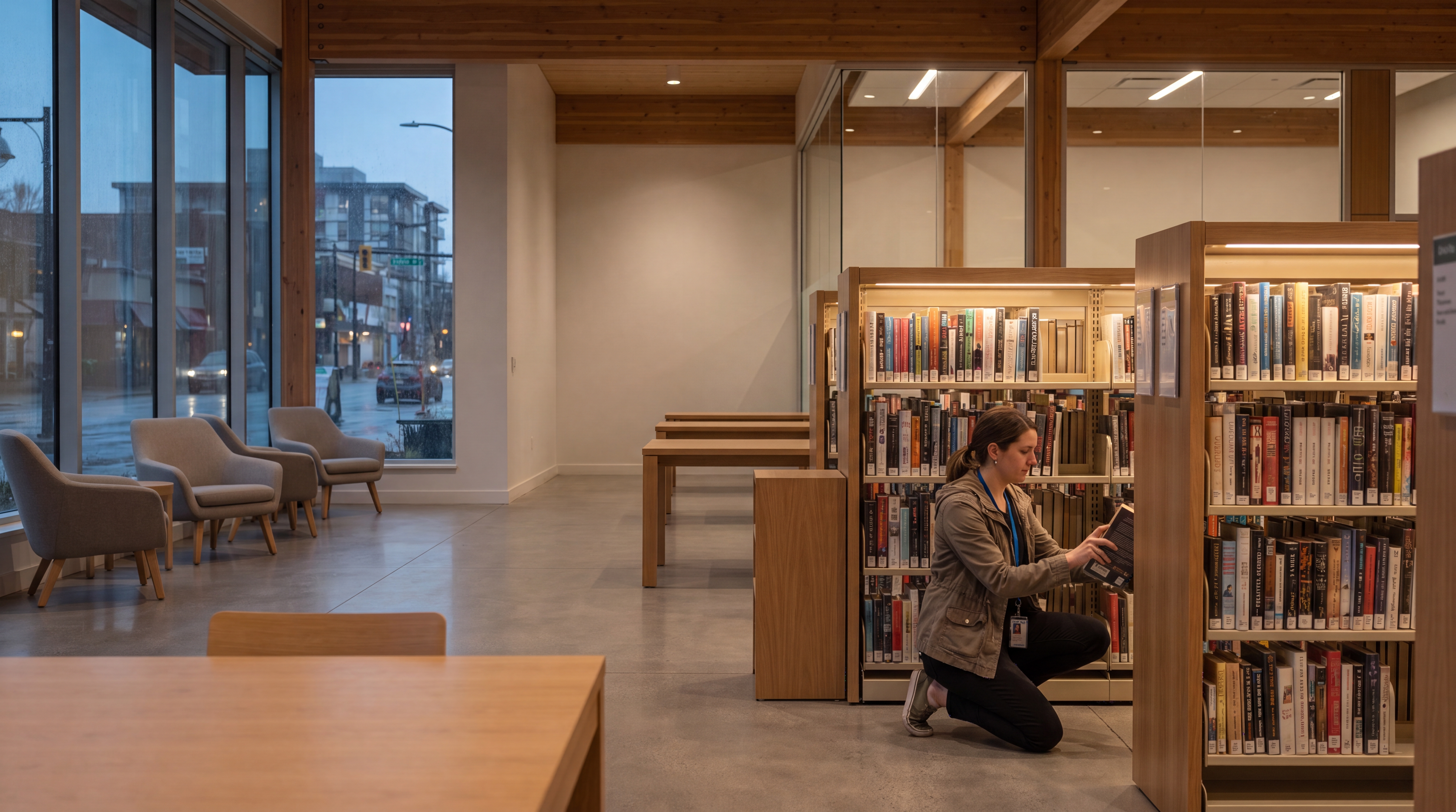 A library staff member working alone among the shelves