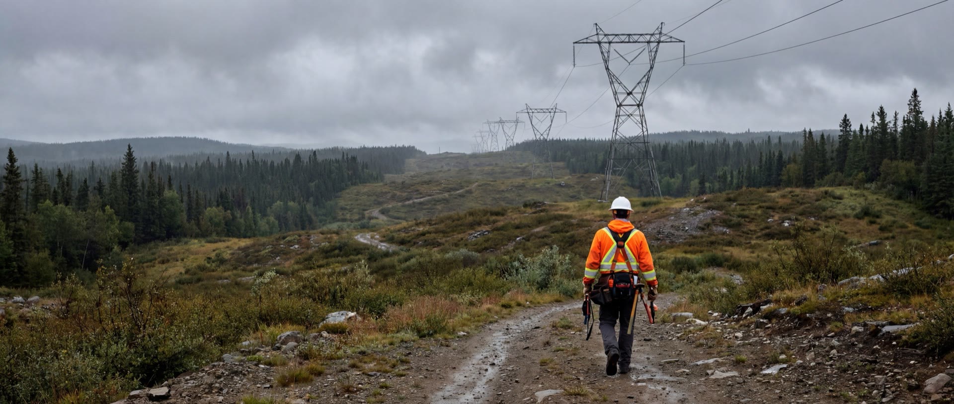Canadian lone workers in safety vests standing in front of mountain landscape at golden hour