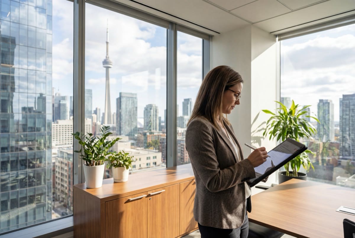 Safety manager reviewing compliance documents on tablet in modern office