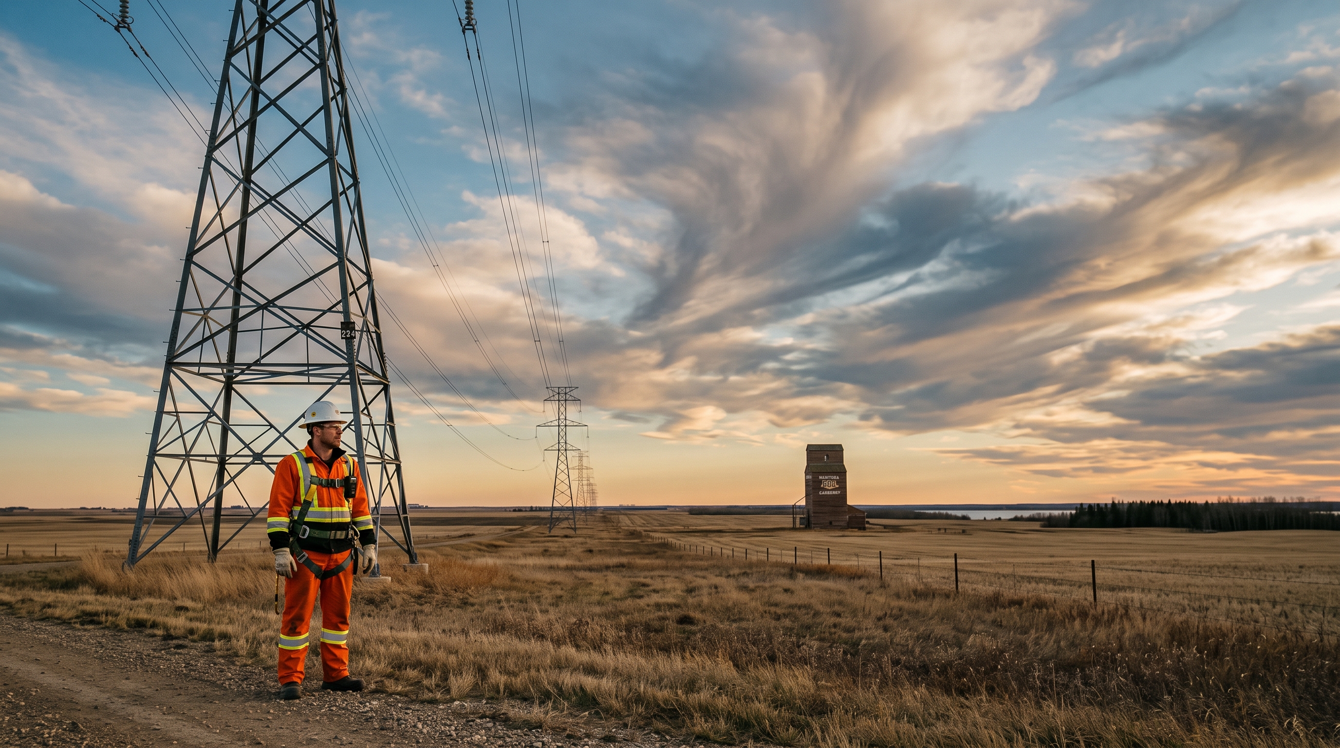 Lone utility worker in hi-vis gear beside transmission towers on the Manitoba prairie at golden hour