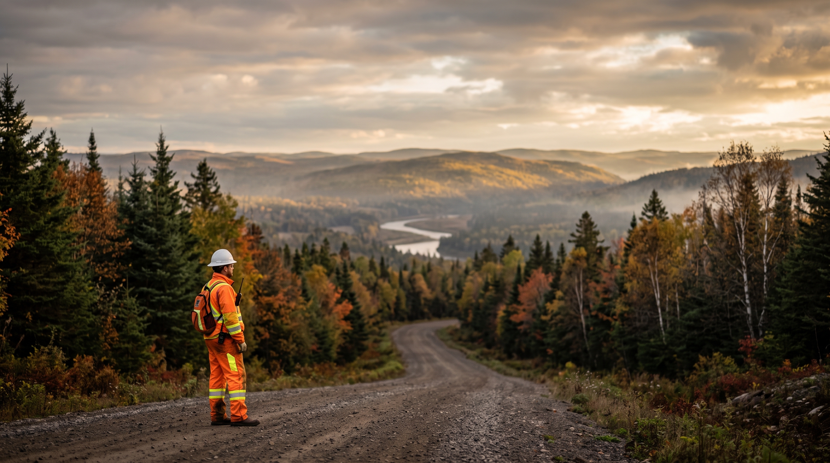 Lone forestry worker in hi-vis gear on a logging road through the New Brunswick Acadian forest at golden hour