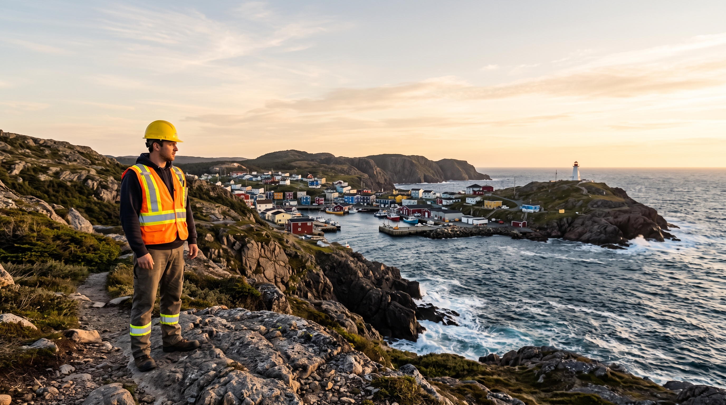 Lone worker in hi-vis gear on a rugged Newfoundland Atlantic coastline with granite cliffs and a distant outport at golden hour