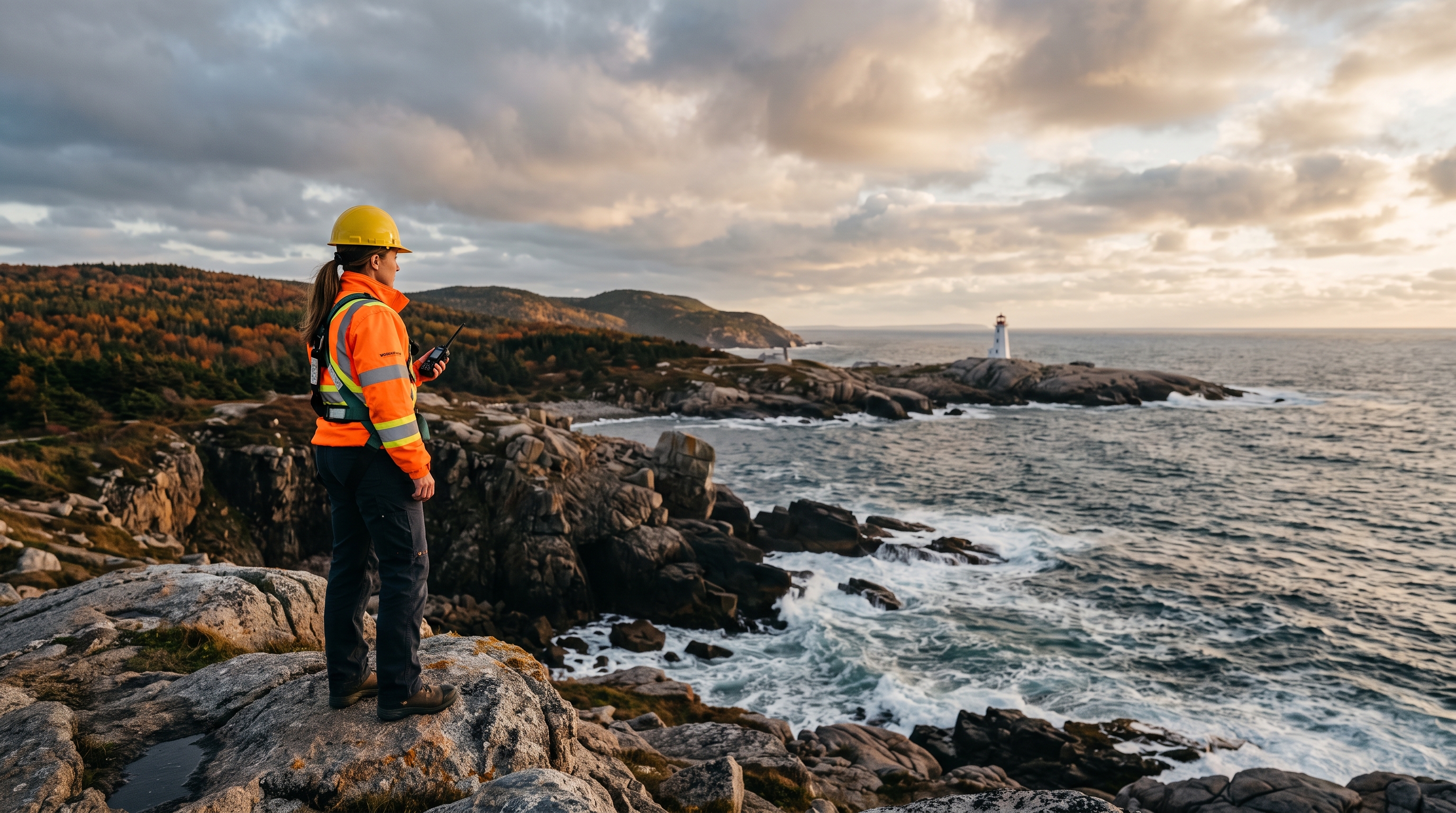 Lone worker in hi-vis gear on a rugged Nova Scotia Atlantic coastal headland with a distant lighthouse at golden hour