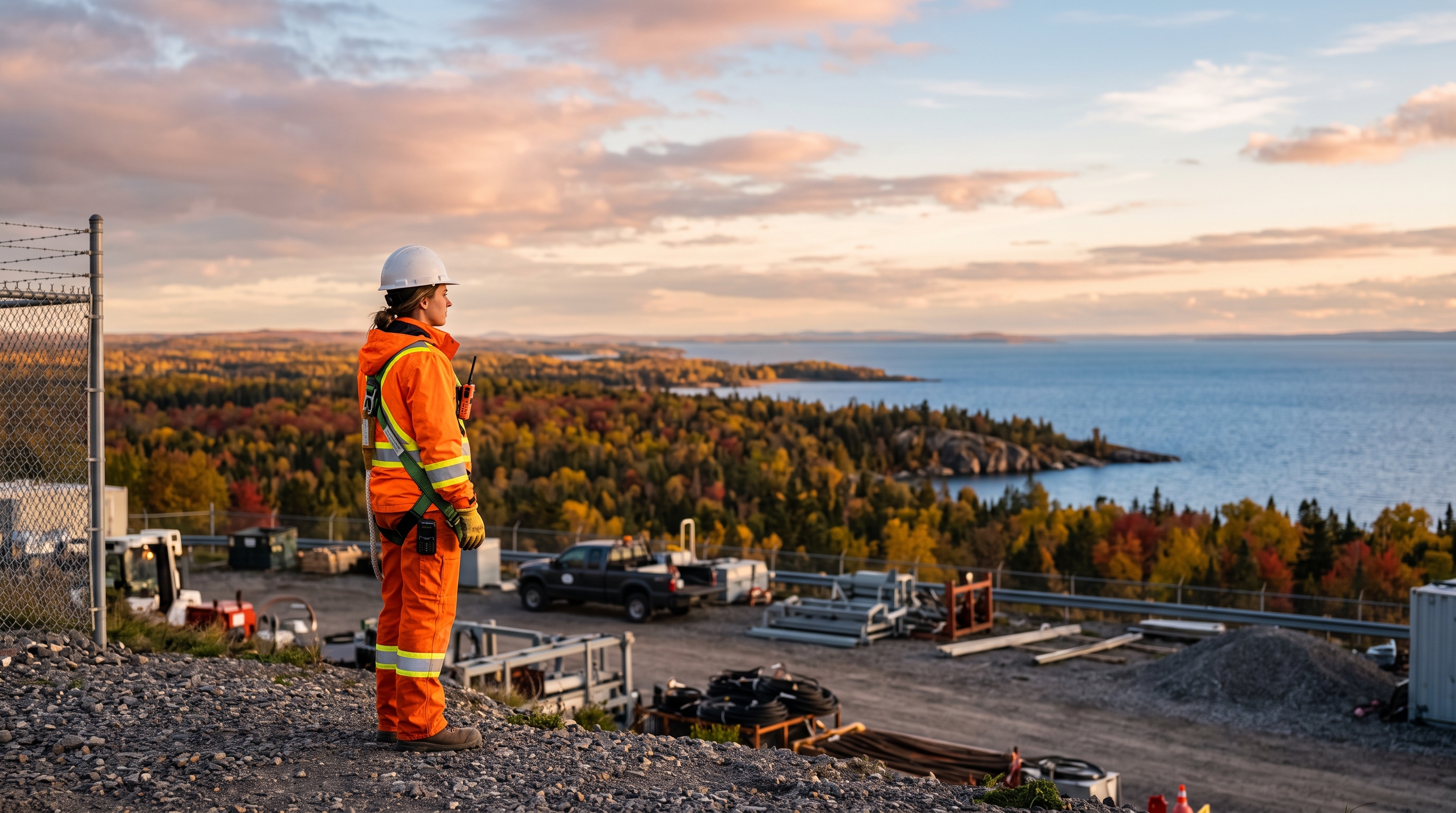 Lone worker in hi-vis gear at a northern Ontario industrial site overlooking a Great Lake at golden hour