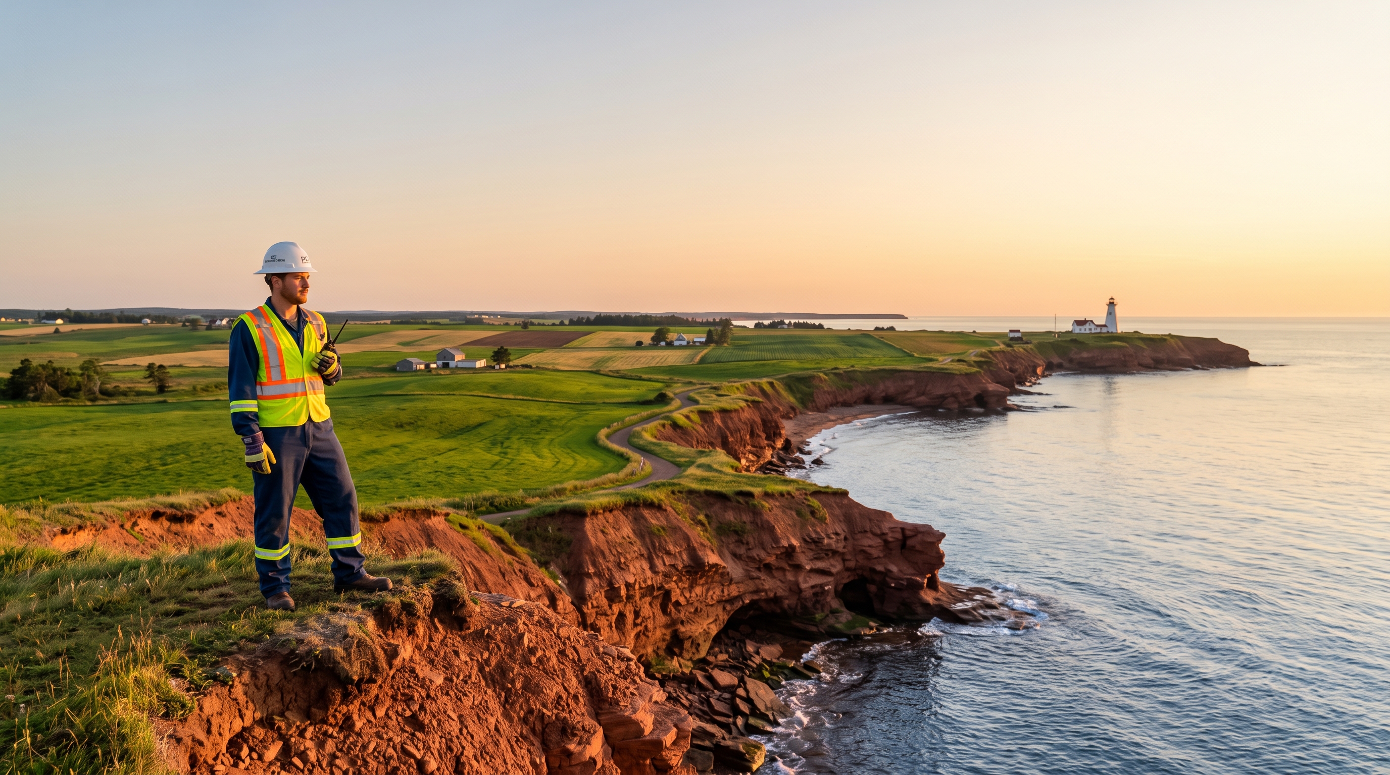 Lone worker in hi-vis gear on Prince Edward Island's red sandstone coastal cliffs with a distant lighthouse at golden hour