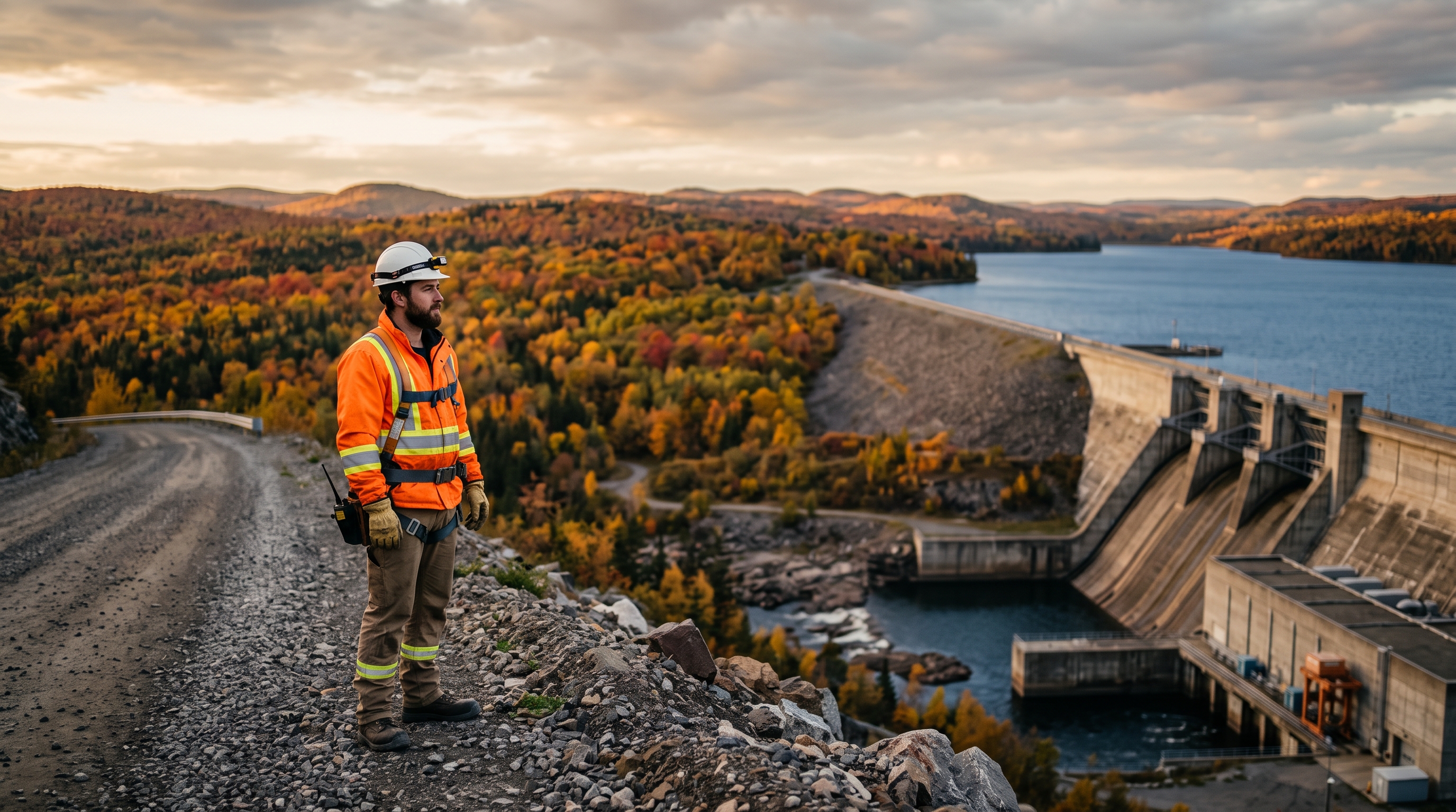 Lone utility worker in hi-vis gear beside a hydroelectric dam in the northern Quebec boreal landscape at golden hour