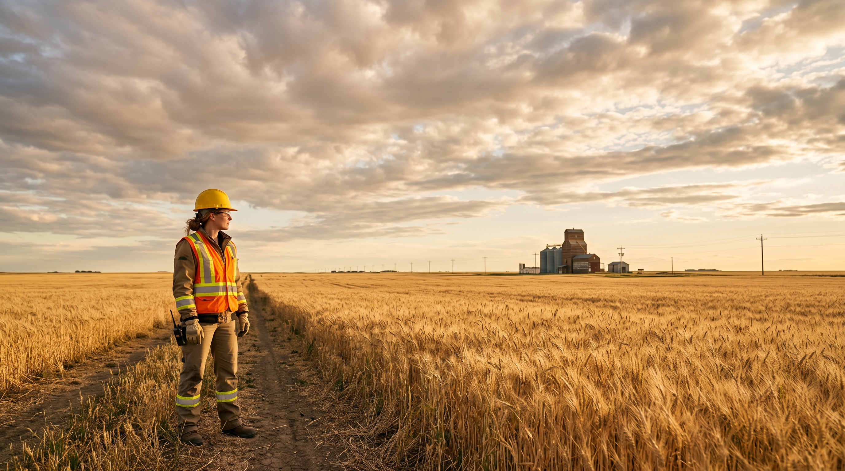 Lone worker in hi-vis gear standing alone on the Saskatchewan prairie at golden hour